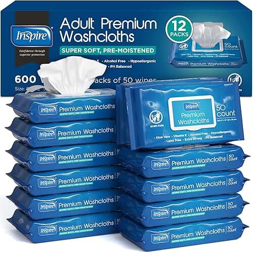 Inspire Adult Wet Wipes, Wash Cloths | Adult Wipes for Incontinence & Cleansing for Elderly, 8"x12" Count 12 packs of 50 - Product Image