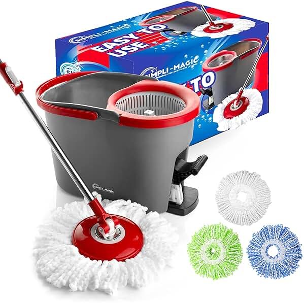 Simpli-Magic 79349 Spin Mop Cleaning System with 3 Microfiber Mop Heads, Red/Black - Product Image
