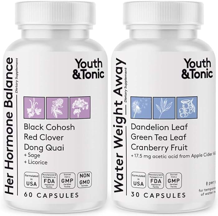 Youth & Tonic PMS & Menopause Bloating Relief Duo – Support for Puffiness, Hormonal Balance & Fluid Retention – Her Hormone Balance + Water Weight Away Natural Herbs for Women, 90 Capsules - Product Image