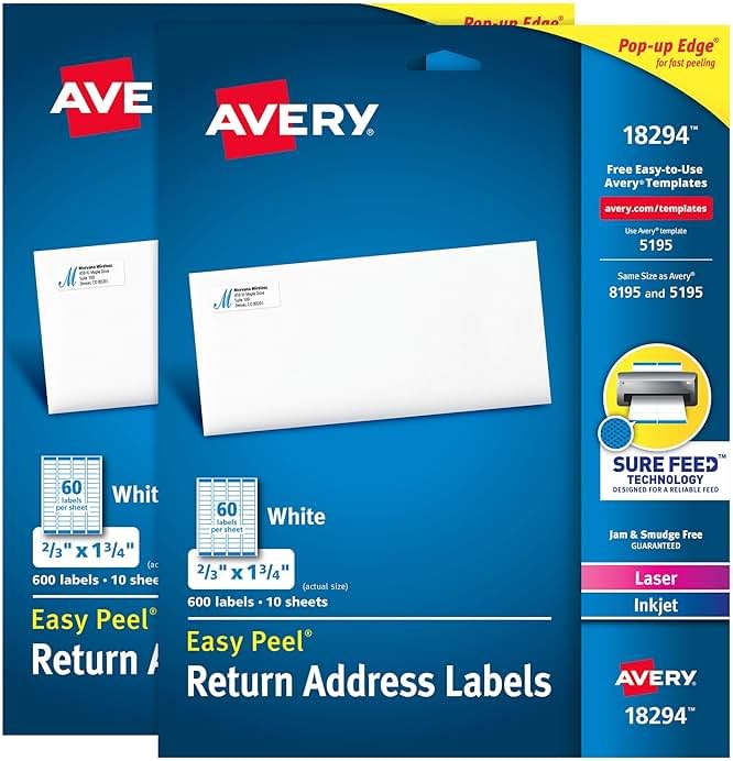 Avery Easy Peel Address Labels, Sure Feed, Permanent, White, 2/3" x 1-3/4", 2 Pack, 1,200 Labels Total (32133) - Product Image