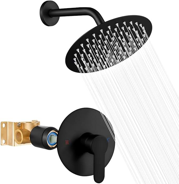 Heyalan Shower Faucet Set with Valve, Bathroom Shower System, Wall Mount Single Handle Shower Trim Kit, Fixed Rainfall Shower Head, 8-Inch Round Shower Head, Matte Black - Product Image