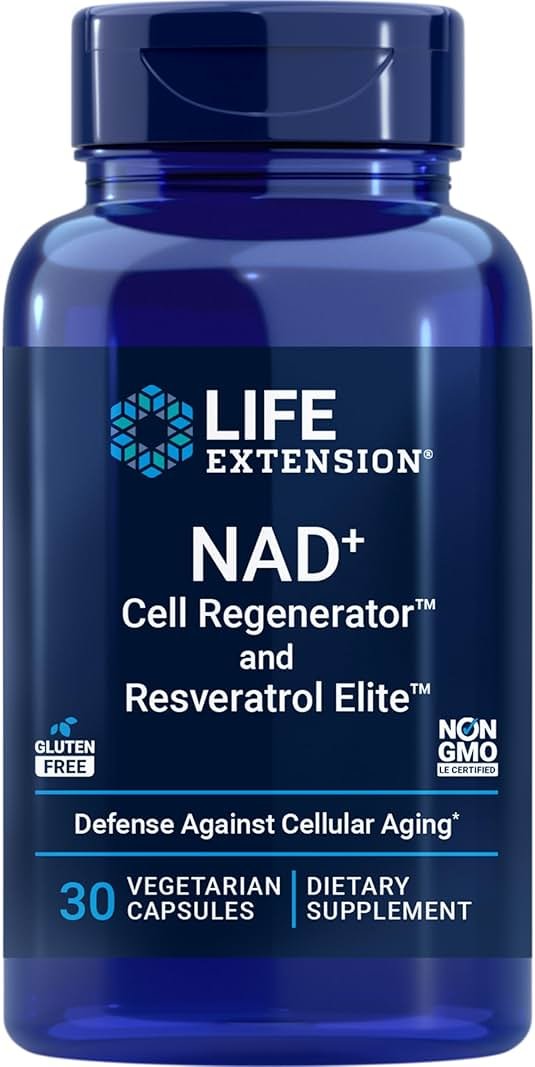 Life Extension NAD+ Cell Regenerator™ and Resveratrol Elite™*, nicotinamide riboside, Trans-resveratrol, quercetin, Fisetin, Heart Health, Healthy Aging, Vegetarian, Non-GMO, Gluten Free, 30 Capsules - Product Image