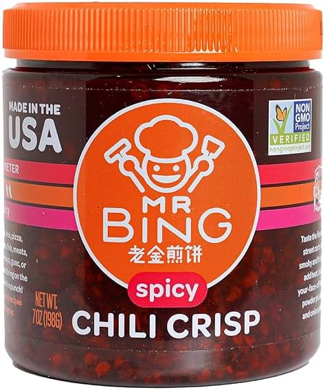 Mr. Bing Chili Crisp | Spicy - Delicious, Flavorful & Crunchy Chili Oil - Made in USA Chili Paste Hot Sauce - Gluten Free, Vegan, No MSG, Non-GMO Oil - (7 oz.) - Product Image