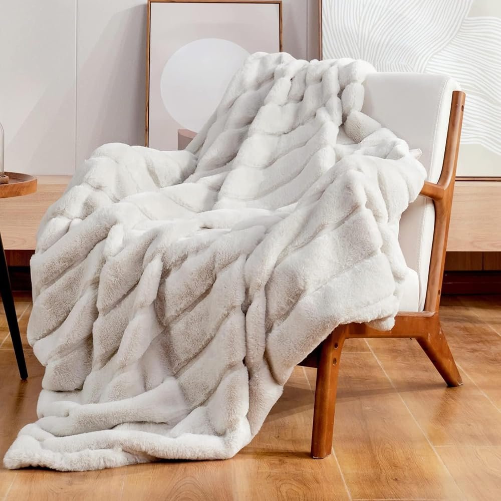 Cozy Bliss Deluxe Sheared Rabbit Faux Fur Throw Blanket, Soft Fuzzy High-Low Sculpted Plush Blanket for Couch, Cozy Home Accent, All Season Use, Beige 50"x60" - Product Image