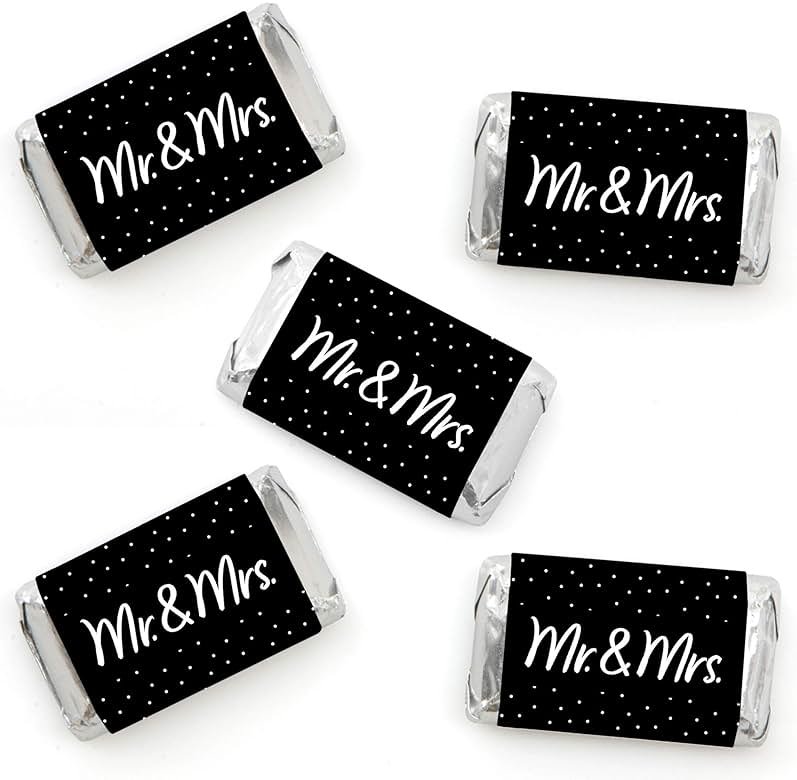 Big Dot of Happiness Mr. and Mrs. - Mini Candy Bar Wrapper Stickers - Black and White Wedding or Bridal Shower Small Favors - 40 Count - Product Image