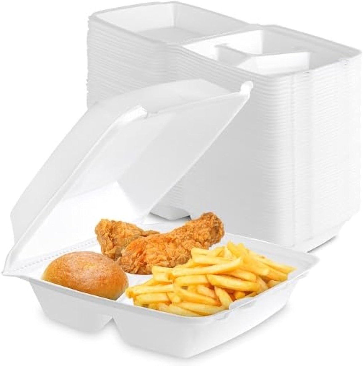 Stock Your Home 8x8 Clamshell Take Out Boxes (25 Pack) Medium 3-Compartment Foam Food Containers Disposable Lunch Container, Restaurant Togo Trays with Hinged Lids for Takeout, Carryout, and Meal-Prep - Product Image
