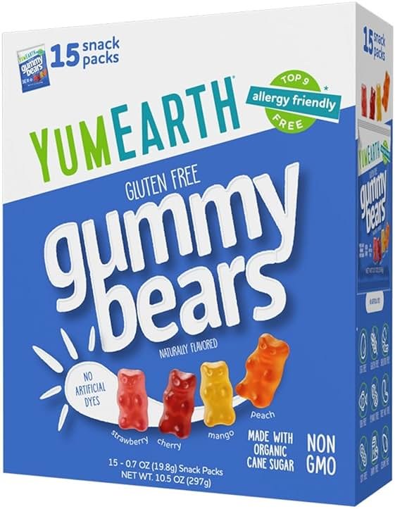 YumEarth Organic Gummy Bears - Fruity Gummy Candy Snack Packs, Gluten Free Snacks for Kids - Allergy Friendly, Non-GMO, No Artificial Dyes - Assorted Flavors, 10.5 oz. (Pack of 15) - Product Image