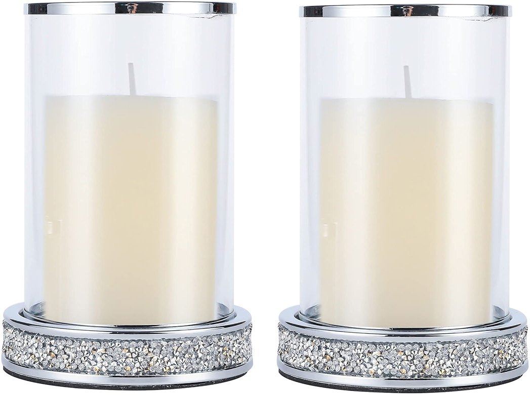Pillar Candle Holders set of 2,Hurricane Candle Holders for Pillar Candle,Glass Candle Holder for Coffee Dining Table, Wedding, Christmas, Halloween, Home Decoration,Silver Candle Holders - Product Image