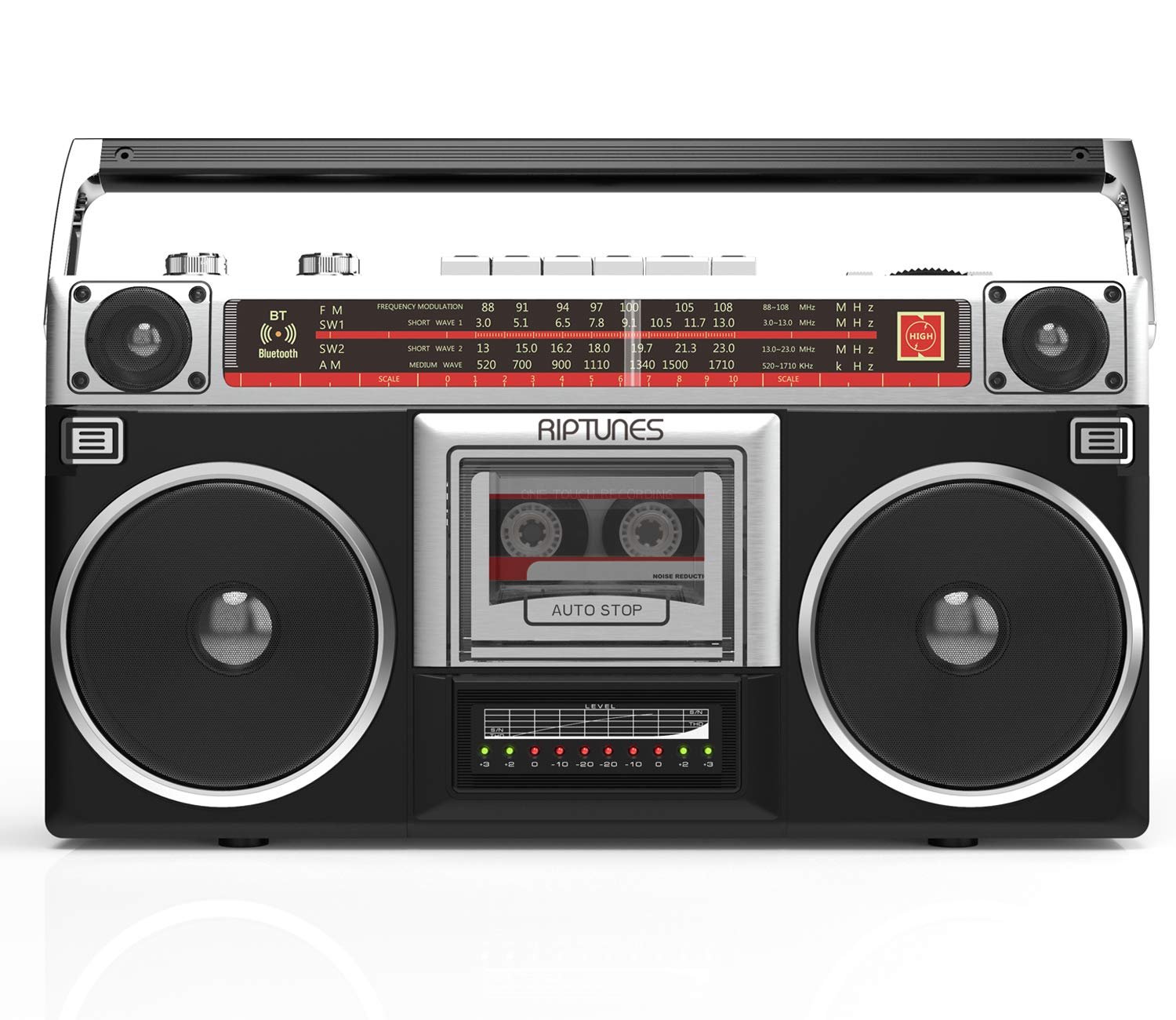 Riptunes Boombox Radio Cassette Player Recorder, AM/FM -SW1/SW2 Radio, Wireless Streaming, USB/Micro SD Slots, Aux in, Headphone Jack, Classic 80s Style Retro, Black - Product Image