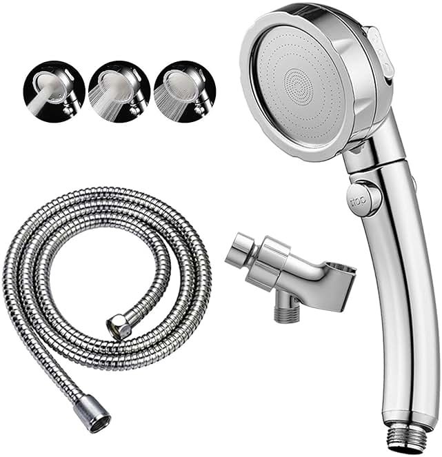 KAIYING Chrome High Pressure Handheld Shower Head with ON/OFF Pause Switch, 3 Spray Modes Shower Wand with Shut Off Button, Removable Camper Shower Head with Hose and Adjustable Angle Bracket - Product Image