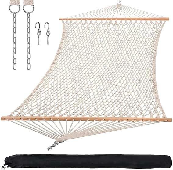 SUNCREAT Hammocks Traditional Rope Double Hammock with Hardwood Spreader Bar and Carrying Bag, 450 lbs Capacity, Natural - Product Image