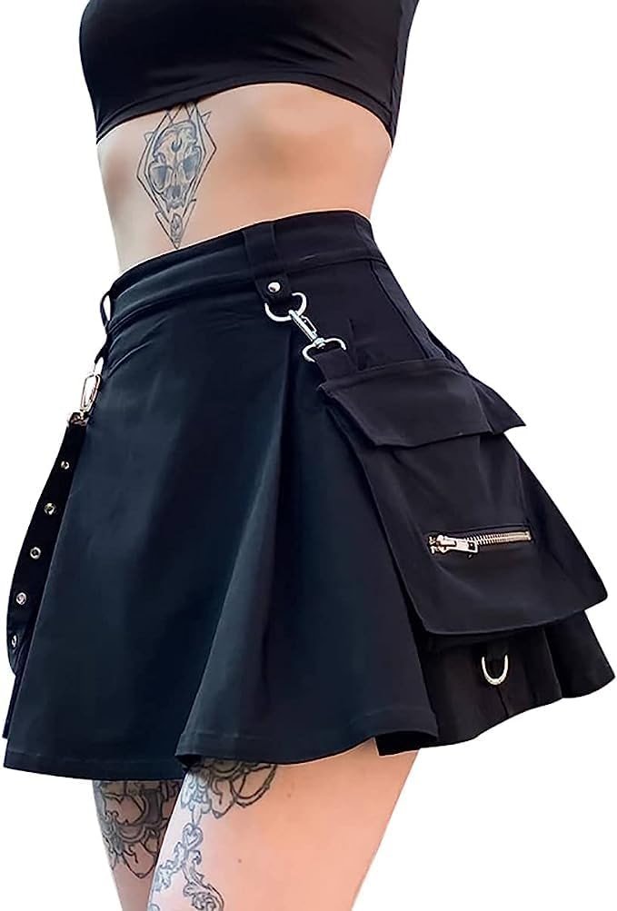 Ruolai Goth Black Pleated Mini Skirt with Chain High Waisted Tennis Skirt - Product Image