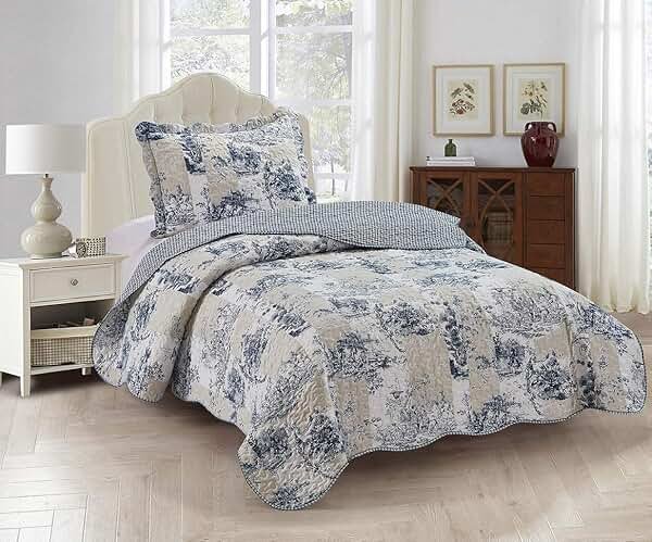 Brilliant Sunshine Blue Toile in Beige and Ivory Patches Quilt Twin Size, Bedding Set with Sham, Reversible Bedspread, Soft Lightweight Coverlet for All Seasons (68"x90") - Product Image