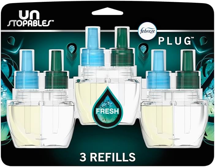 Febreze Plug-in Air Freshener, Odor-Fighting Scented Oil Refill, Air Fresheners for Home, Bathroom and Kitchen, Long Lasting, Unstopables Fresh Scent, 0.87oz Refills, Multi Color, 3 Count - Product Image