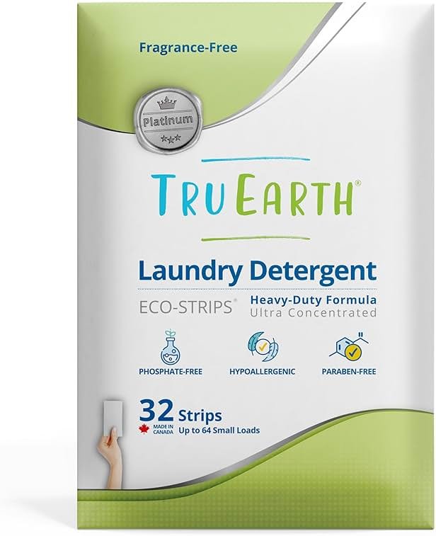Tru Earth Platinum - Heavy Duty Laundry Detergent Sheets - Up to 64 Loads (32 Count), Fragrance Free - Ultra-Concentrated Strips Formula - Eco-Friendly Laundry Sheets - Product Image