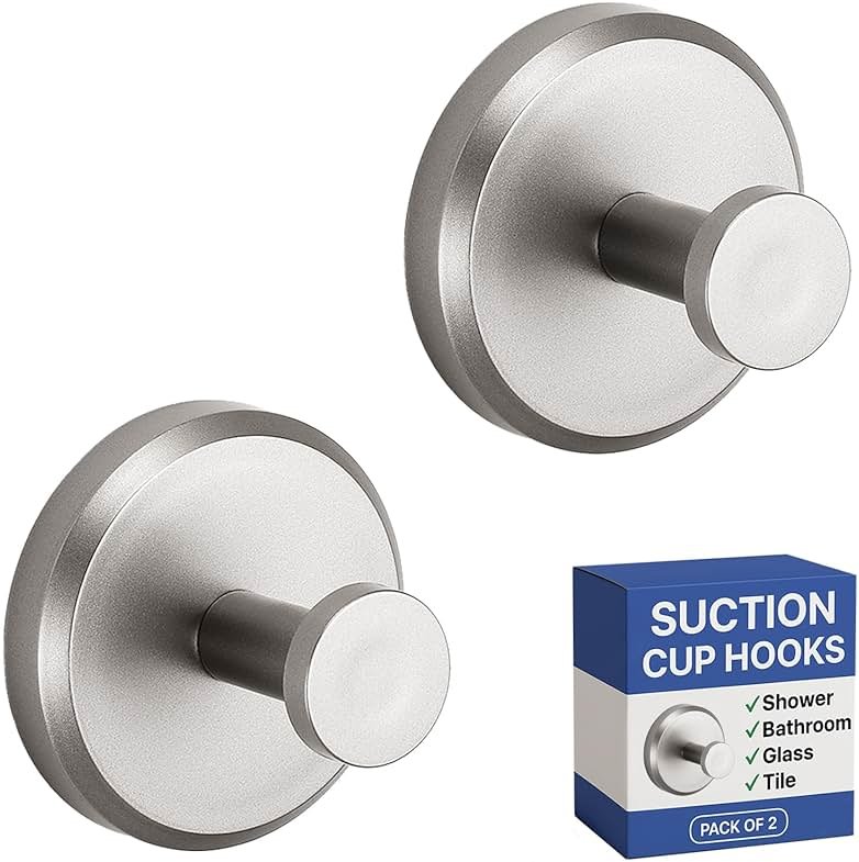 HOME SO Suction Cup Hooks for Shower & Bathroom Towel Holder 2-Pack – Suction Cups Hooks for Hanging Towels, Robes, & Coats - Tiles, Glass Door or Mirror – Shower Hooks & Towel Hooks Organizer -Nickel - Product Image