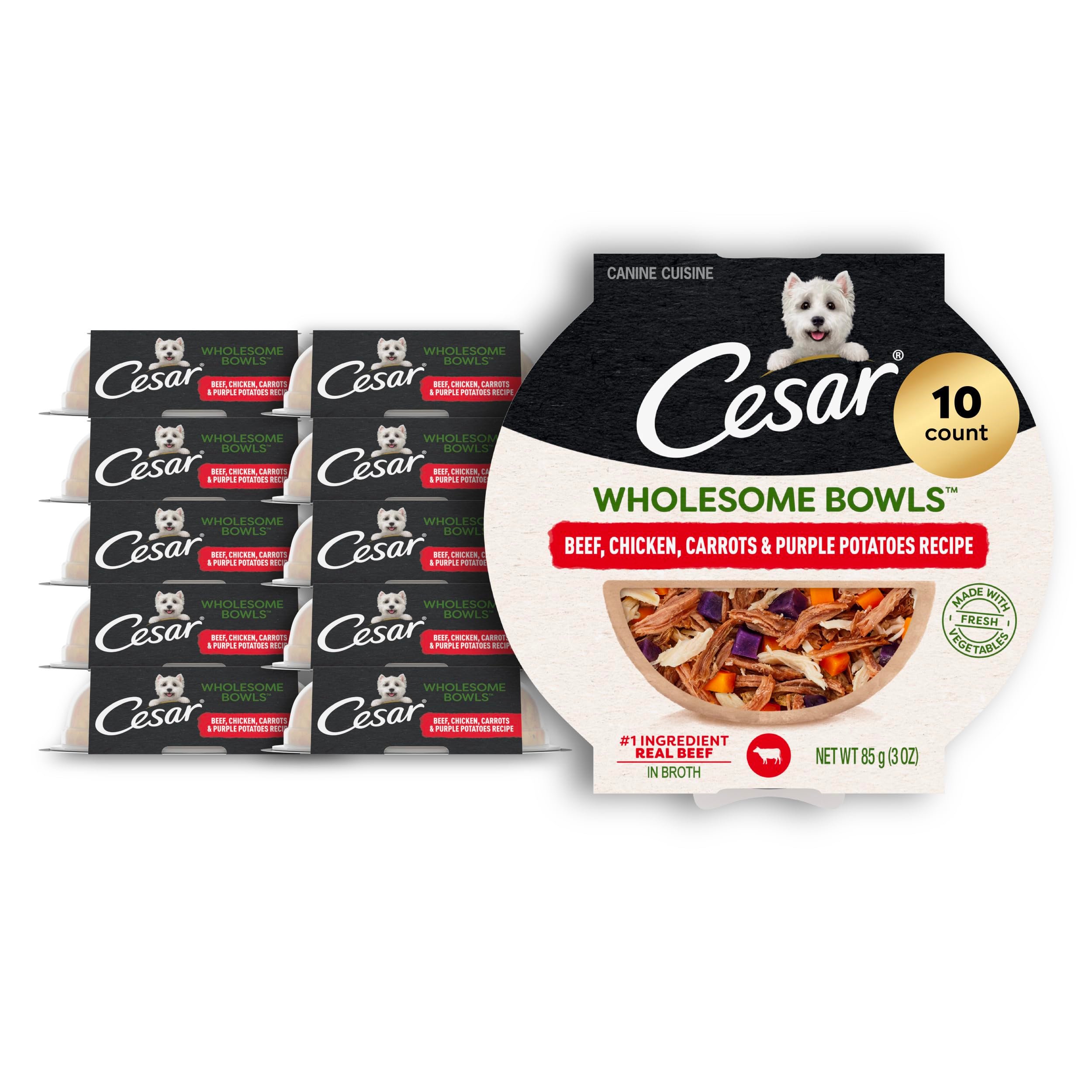 Cesar Wholesome Bowls Adult Wet Dog Food, Beef, Chicken, Purple Potatoes & Carrots, 3 oz. (10 Count, Pack of 1) - Product Image