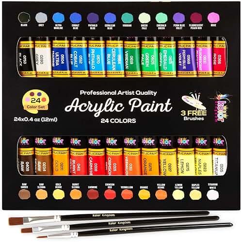 Acrylic Paint Set Canvas Art Paints 24 Colors Perfect Paint Finish (0.41oz,12 ml) With 3 Brushes - Painting Canvas, Paper, Wood, Rock, MDF, Ceramic & Fabric - Product Image