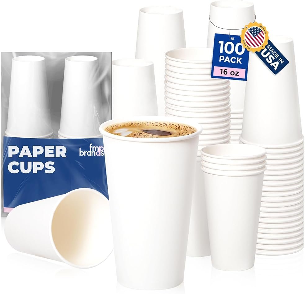 Fit Meal Prep 100 Pack 16 oz Disposable Paper Coffee Cups, Premium Hot Cups for Hot/Cold Beverage, Durable Thickened White Paper Cup Bulk for Party, Office, Bussines, Cafes, Bistros, Daily Use - Product Image