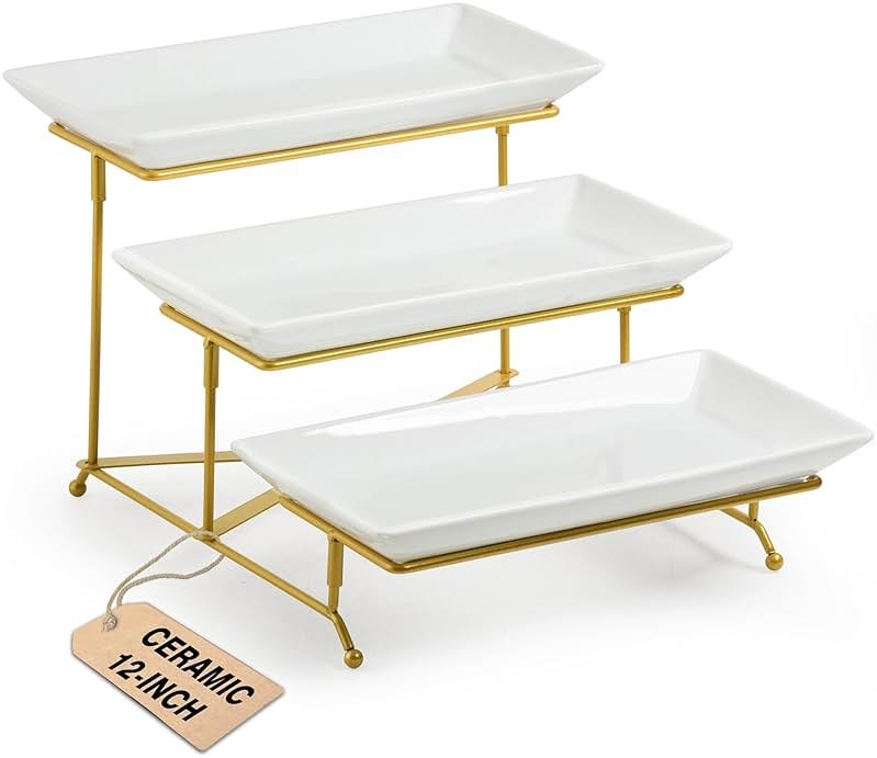 LAUCHUH 3 Tier Serving Tray, Porcelain Serving Platter Tier Serving Stand with Collapsible Sturdier Rack, Serving Trays and Platters Dessert Party Display Set for Father's Day, Gold, 12 Inch - Product Image