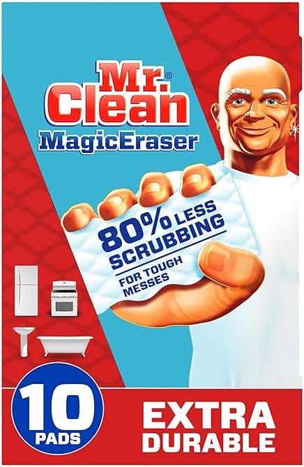 Mr. Clean Magic Eraser Sponge, All Purpose Cleaner, Cleaning Scrubber, Wall, Sneaker, Kitchen, Bathroom, Shower Cleaner, Cleaning Supplies, Melamine Sponge, Cleaning Pads, Extra Durable, 10ct - Product Image