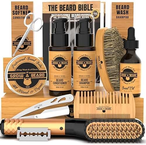 Beard Straightener Grooming Kit for Men, Beard Growth Kit, Wash, Brush & Comb, Unscented Growth Oil, All Natural Sandalwood Balm, Conditioner, Razor & Scissors, Great Gift Idea for Men's (Bamboo) - Product Image