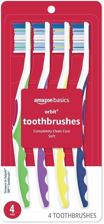 Amazon Basics Orbit Toothbrushes, Soft Bristles, Full Size, 4 Count, Assorted Colors (Previously Solimo) - Product Image