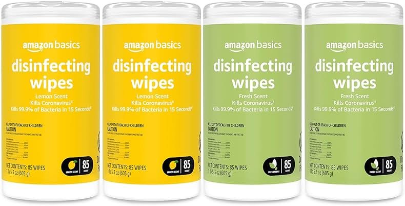 Amazon Basics Disinfecting Wipes, Lemon & Fresh Scent, Sanitizes, Cleans, Disinfects, Deodorizes, 340 Count (4 Packs of 85), Packaging May Vary - Product Image