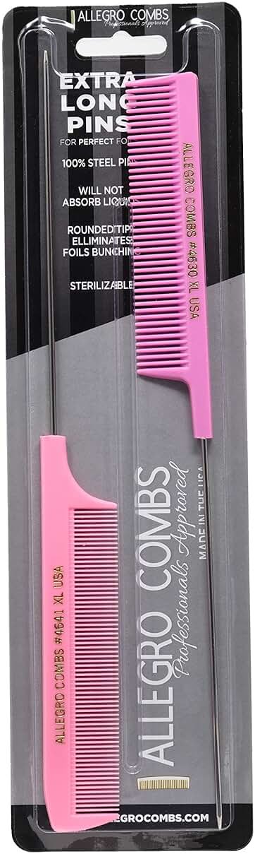 Allegro Combs XL Pintail Rat Tail Combs for Hair Coloring & Foiling, Stainless Steel Metal Tail Parting Combs for Highlights, Balayage & Sectioning, USA Made, 2 Piece (Pink) - Product Image
