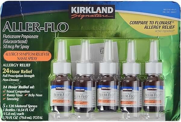 Kirkland Signature Aller-Flo Fluticasone Propionate (Glucorticoid) 5 Bottles x 120 Metered Sprays 0.54 Fl OZ per Bottle (15.8 mL x 5) 2.70 OZ Total (79 mL Total) 600 Total Sprays Total, 1-Pack - Product Image
