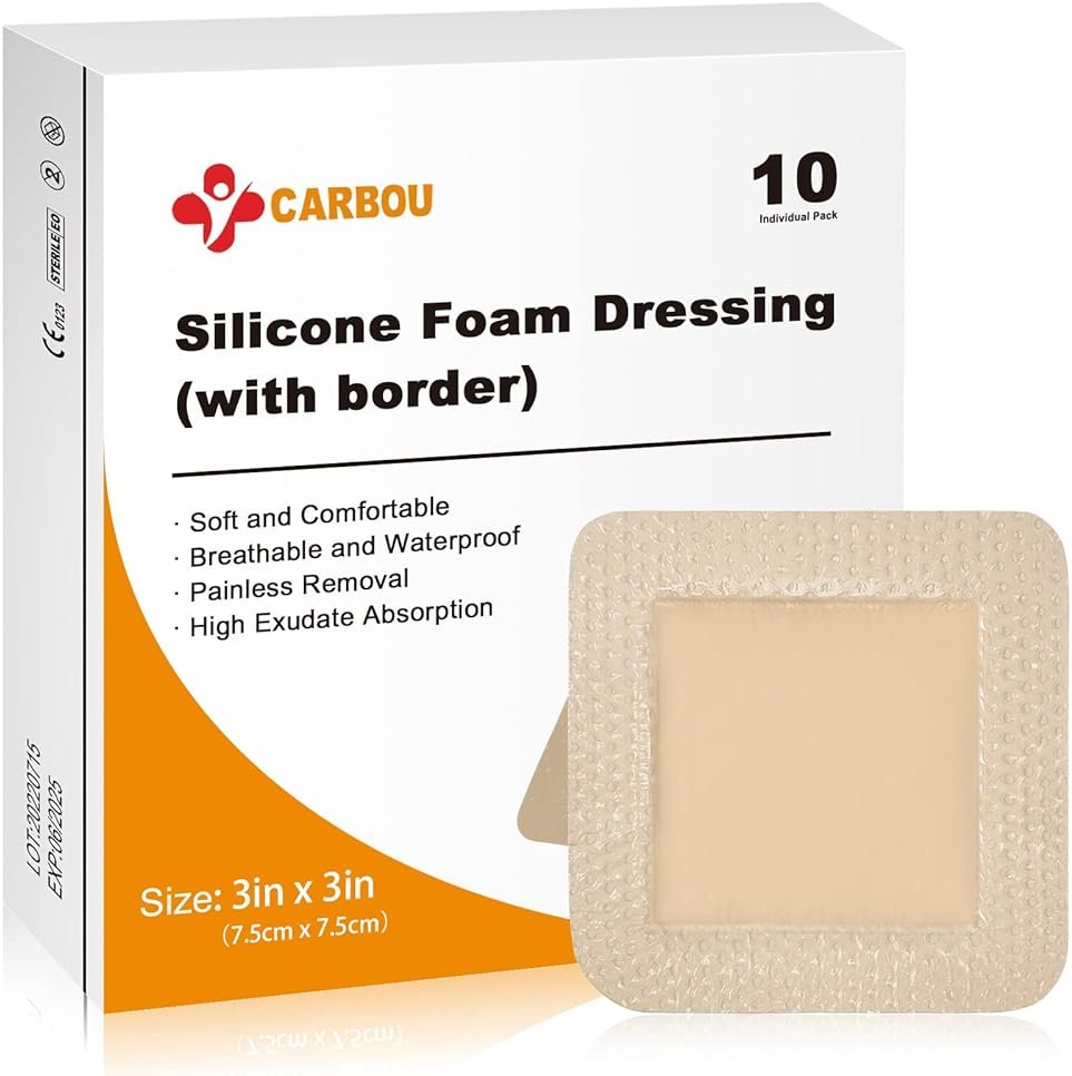 Carbou Silicone Foam Dressing with Adhesive Gentle Border,3"x3" Waterproof Wound Dressing Bandage,High Absorbency Pad, Foam Bandage for Wound Care 10 Pack - Product Image