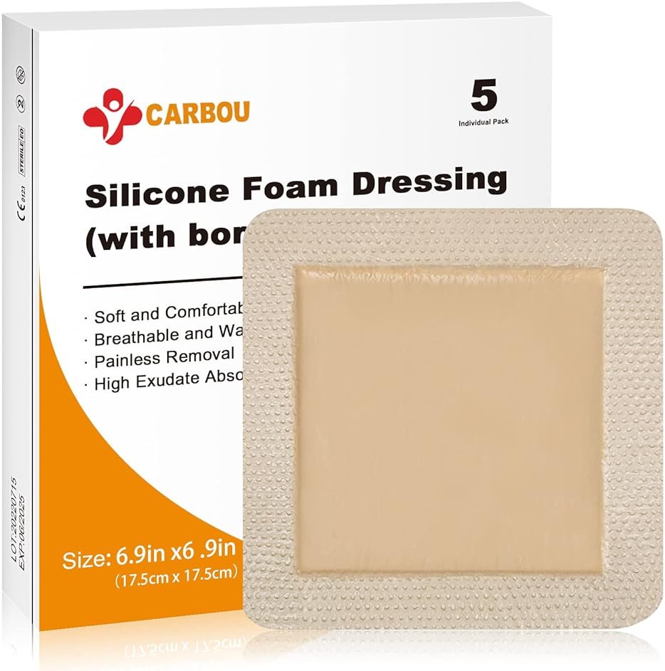 Carbou 5Pcs Silicone Foam Dressing 7" x 7" (17.5cmx17.5cm) - Wound Care Sacrum Foam Dressing with Border Adhesive Waterproof Central Ultra Absorbent-Foam(4.9" X 4.9")Waterproof Silicone Wound Bandage - Product Image