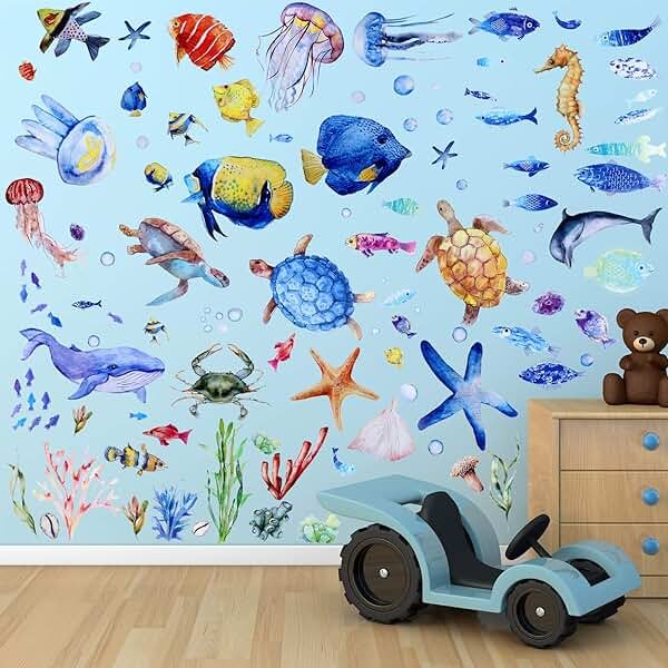 Zonon 116 Pcs Ocean Wall Decals Under The Sea Party Decoration Fish Nursery Wall Decals Removable Marine Animals Stickers Cute Art for Classroom Bedroom Living Room Bathroom Decor(Lovely Colors) - Product Image