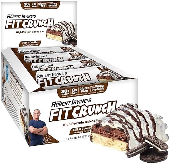 FITCRUNCH Full Size Protein Bars, Designed by Robert Irvine, World’s Only 6-Layer Baked Bar, Just 6g of Sugar & Soft Cake Core (12 Count, Milk & Cookies) - Product Image