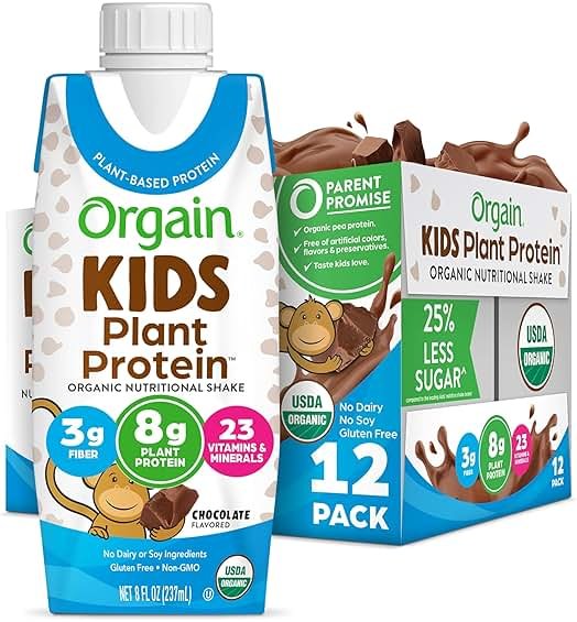 Orgain Organic Kids Nutritional Vegan Protein Shakes, Chocolate - Healthy Kids Snacks, 8g Plant Protein, 23 Vitamins & Minerals, 3g Fiber, No Dairy & Soy, Non-GMO, 8 Fl Oz, 12 Pack, Packaging May Vary - Product Image