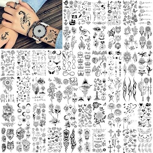 FANRUI 52 Sheets Creative Black Tiny Crown Infinity Triangle Fake Tattoos For Men Women Realistic Stars Letters Tattoos For Kids Temporary Waterproof Arm Hand Face Finger Neck Tatoo Stickers - Product Image