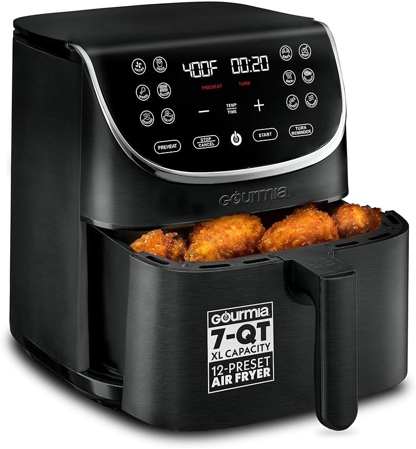 Gourmia Air Fryer - 7 Qt Large Capacity with LED Display, 12 One-Touch Presets, FryForce 360° Technology, Nonstick Dishwasher-Safe Basket & Crisper Tray, Black - Product Image