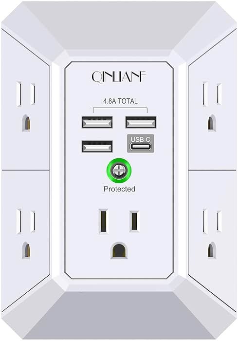 Wall Charger, Surge Protector, QINLIANF 5 Outlet Extender with 4 USB Charging Ports, 3-Sided 1680J Power Strip Multi Plug Adapter Spaced for Home Travel Office - Product Image
