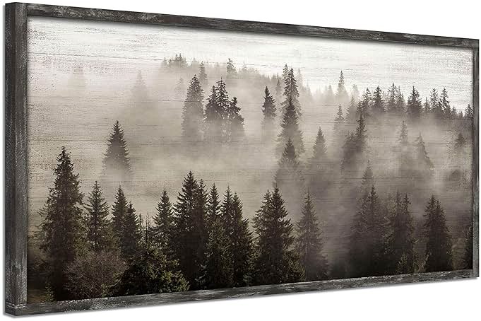 Foggy Forest Wooden Wall Art: Landscape Mountain Artwork Prints with Wooden Framed for Living Room (40”W x 20”H, Multi-Sized) - Product Image