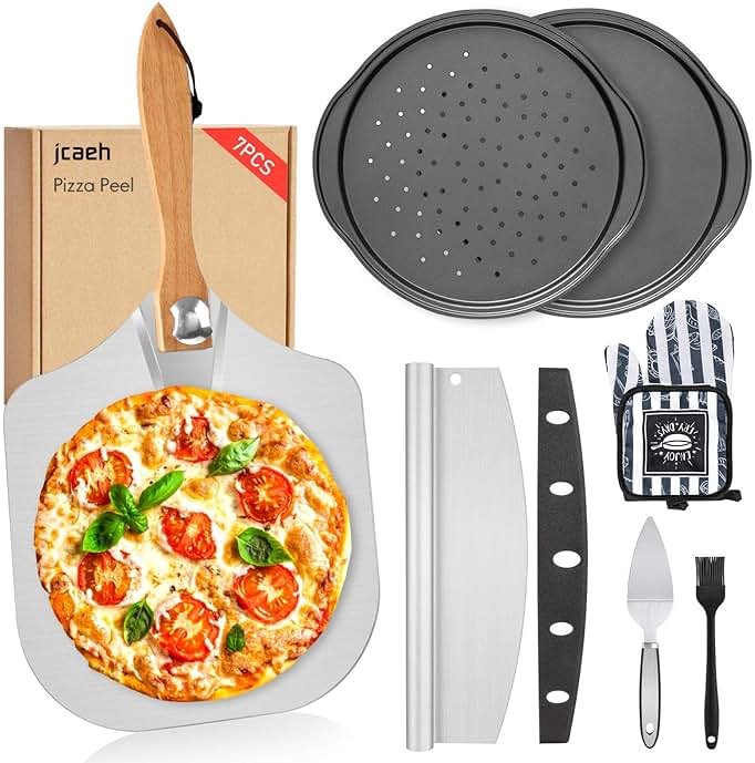 Pizza Peel Pizza Pan Set, 7Pcs Pizza Oven Accessories, 12 Inch Metal Paddle (12"x 14") with Foldable Wooden Handle, 2 Pizza Pans, Rocker Cutter, Pizza Server, Oven Mitts, Oil Brush - Product Image