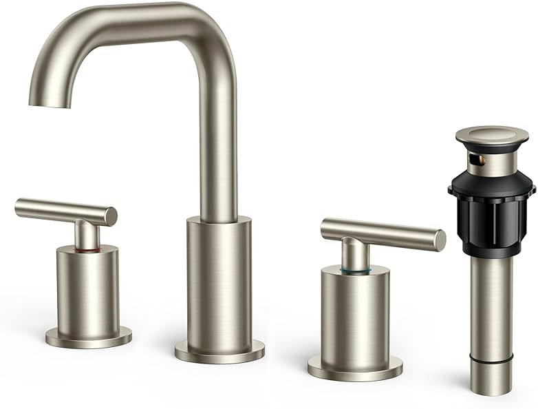 FORIOUS Brushed Nickel 8 Inch Widespread Bathroom Faucet for 3 Hole Sink, 2 Handles 360° Swivel Bathroom Sink Faucet with Pop Up Drain and Hoses, for Vanity Restroom RV Lavatory - Product Image