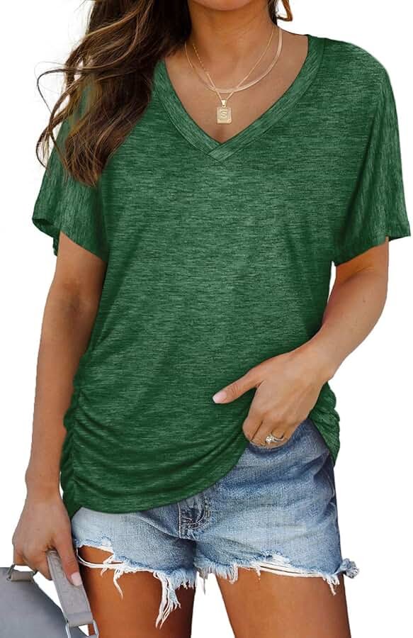 WIHOLL Womens Summer T-Shirts Short Sleeve V Neck Dolman Tops with Side Shirring Loose Fit Shirts Spring Fashion - Product Image