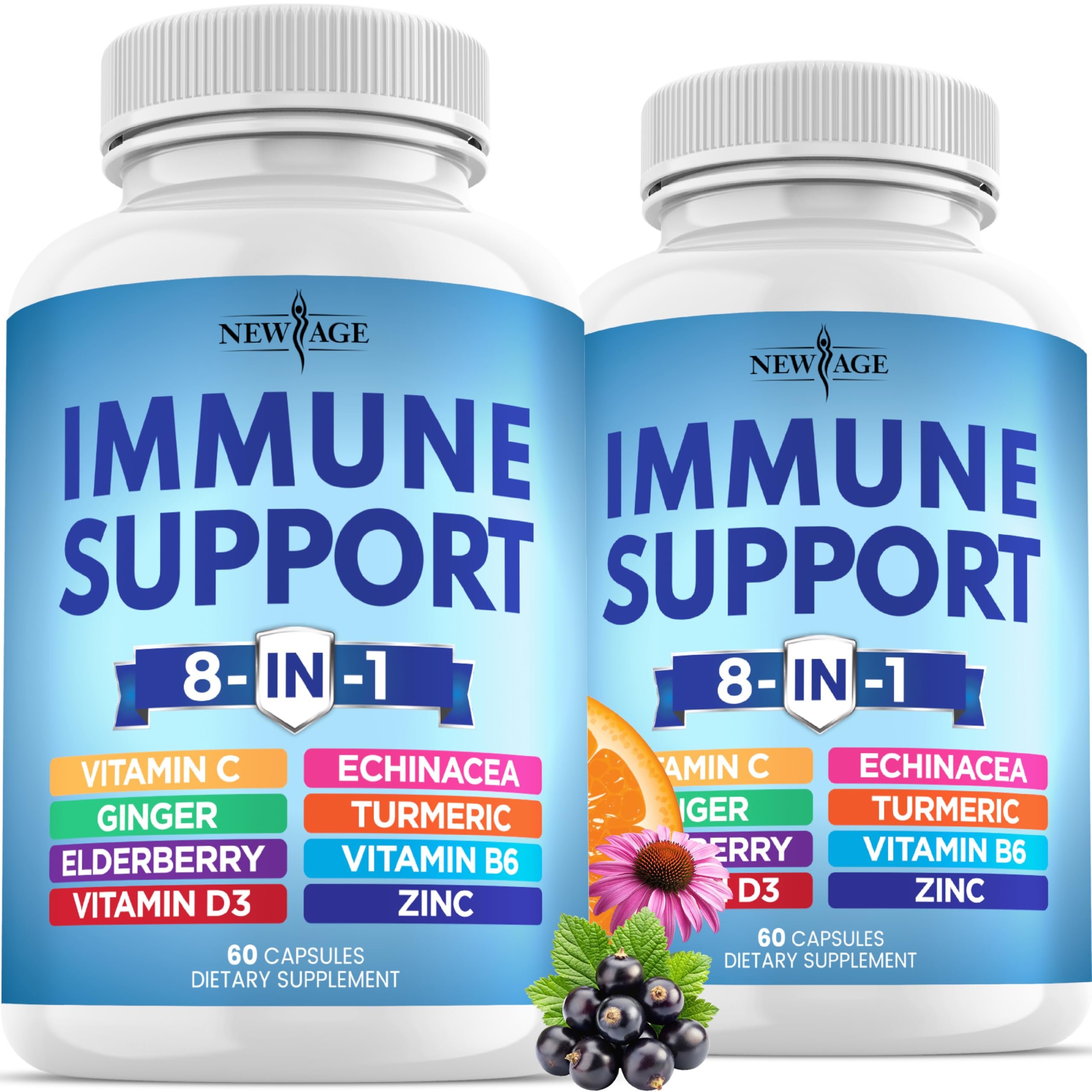 NEW AGE 8 in 1 Immune Support Booster Supplement with Echinacea, Vitamin C and Zinc 50mg, Vitamin D 5000 IU, Turmeric Curcumin & Ginger, B6, Elderberry 120 Count (Pack of 2) - Product Image