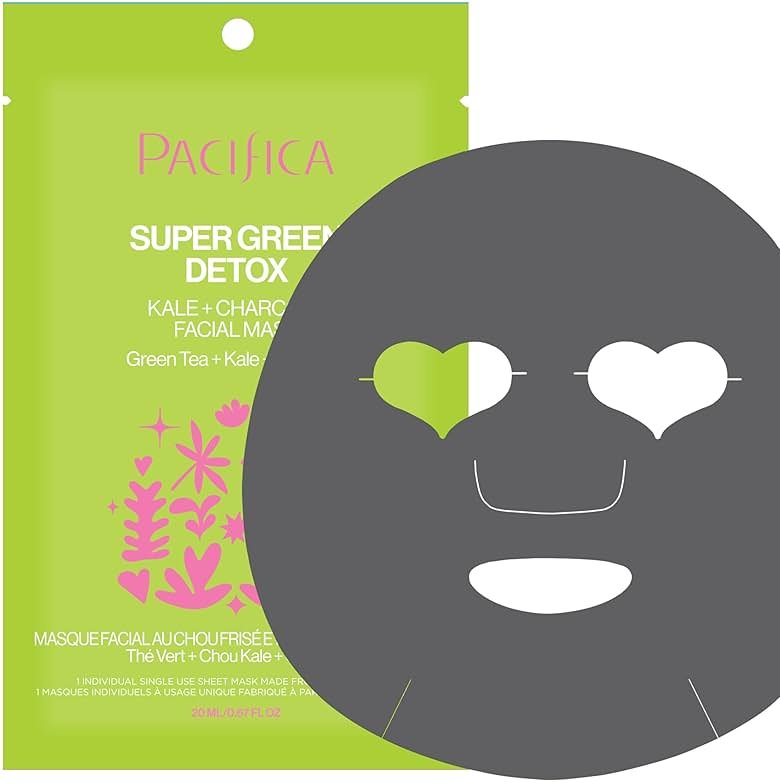 Pacifica Super Green Detox Sheet Mask – Charcoal, Kale & Clay Pore Cleansing Mask for Oily, Blemish-Prone Skin, Deep Detox Facial Mask, Vegan - Product Image