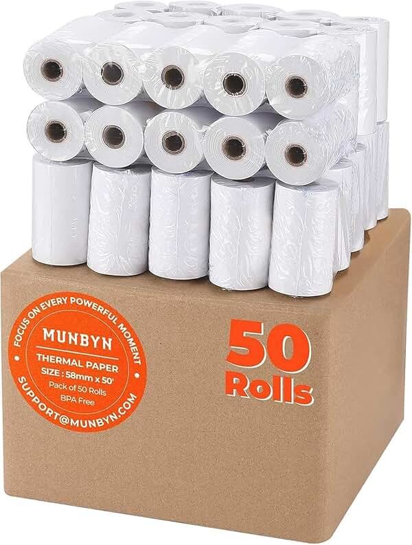MUNBYN 2 1/4" inch x 50'ft Thermal Paper (50 Rolls), BPA Free Receipt Paper, 58mm Thermal Receipt Papers Fits All 58mm Thermal POS Printer, Square Terminal Credit Card Machines printers clearly - Product Image