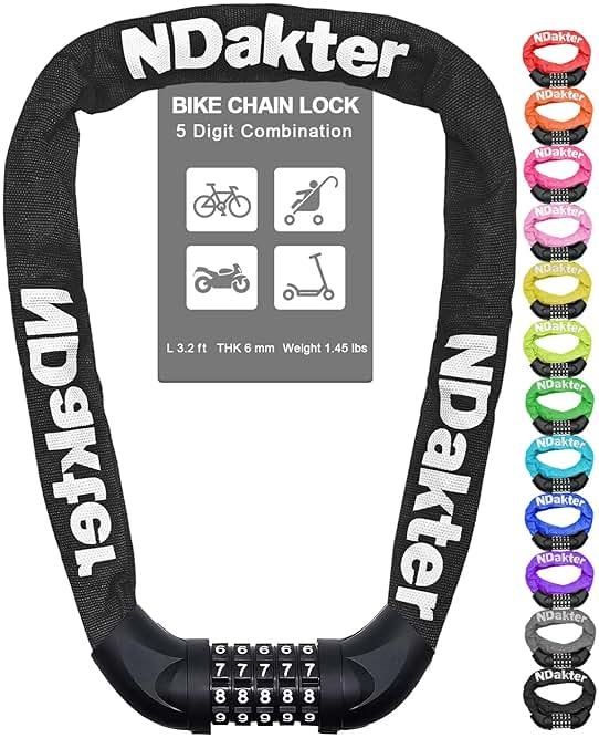 NDakter Bike Lock, 5 Digit Combination Heavy Duty Anti Theft Bicycle Chain Lock, 2.62/3.2/4.27/5/6Ft Long, High Security Resettable, Suitable for Bike, Scooter, Door, Gate, Fence-4/6mm Thick - Product Image