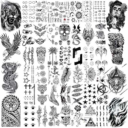 VANTATY 50 Sheets Black Temporary Tattoos For Men Adults Ealge Dragon Lion Wolf Animals For Women Neck Arm Thigh, Fake Small Skull Tattoo Sticker For Kids Children Boys Girls Tatoos - Product Image