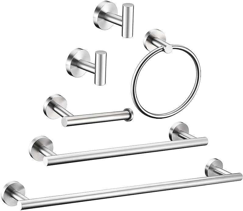 6 Pieces Brushed Nickel Bathroom Hardware Accessories Set Hand Towel Ring 16&23.6 inch Round Towel Bar Silver Toilet Paper Holder Towel Hooks 2 Pieces SUS 304 Stainless Steel,Heavy Duty,Wall Mounted - Product Image