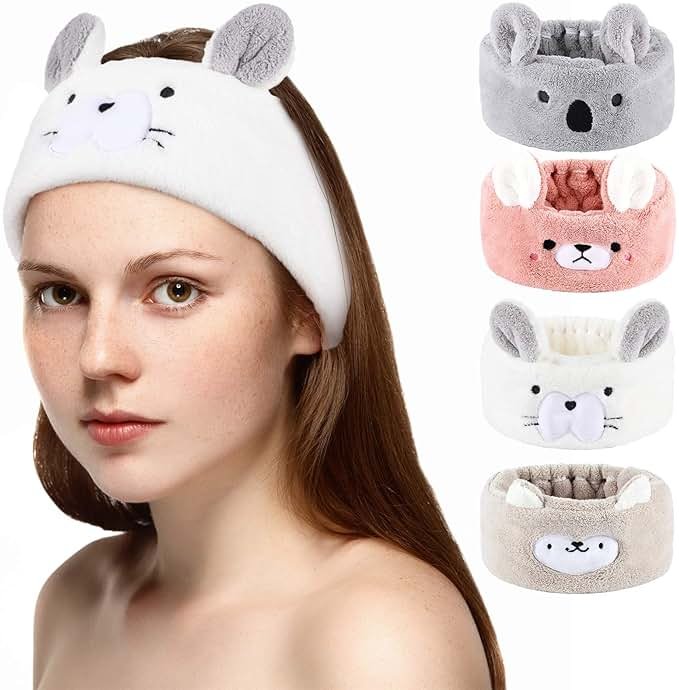 Chuangdi 4 Pieces Animal Hair Bands Face Wash Headband Spa Animal Ears for Skincare Makeup Spa Headband Washing Face Coral Fleece Plush Hairband for Women Girls(Adorable Style,Cute Colors) - Product Image