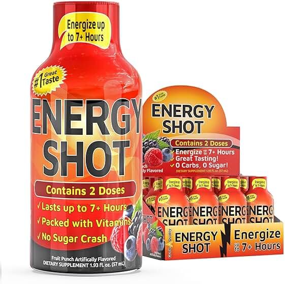 Fruit Punch Extra Strength Energy Shot 12 pk – 260mg Natural Caffeine B12 B6 – Energy & Focus Support – 2 Servings Sugar Free Zero Calorie Green Tea B-Vitamins Electrolytes Vegan – 1.93 fl oz - Product Image